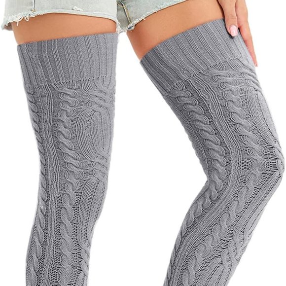 Accessories - Cable Knit Thigh High Socks Extra Long Gray